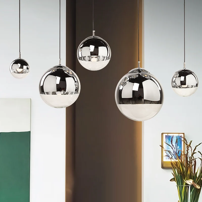 Professionele Kwaliteit Postmoderne bolvormige plafondhanger zilver gespiegeld glas 1-licht keuken dinette hangende verlic...