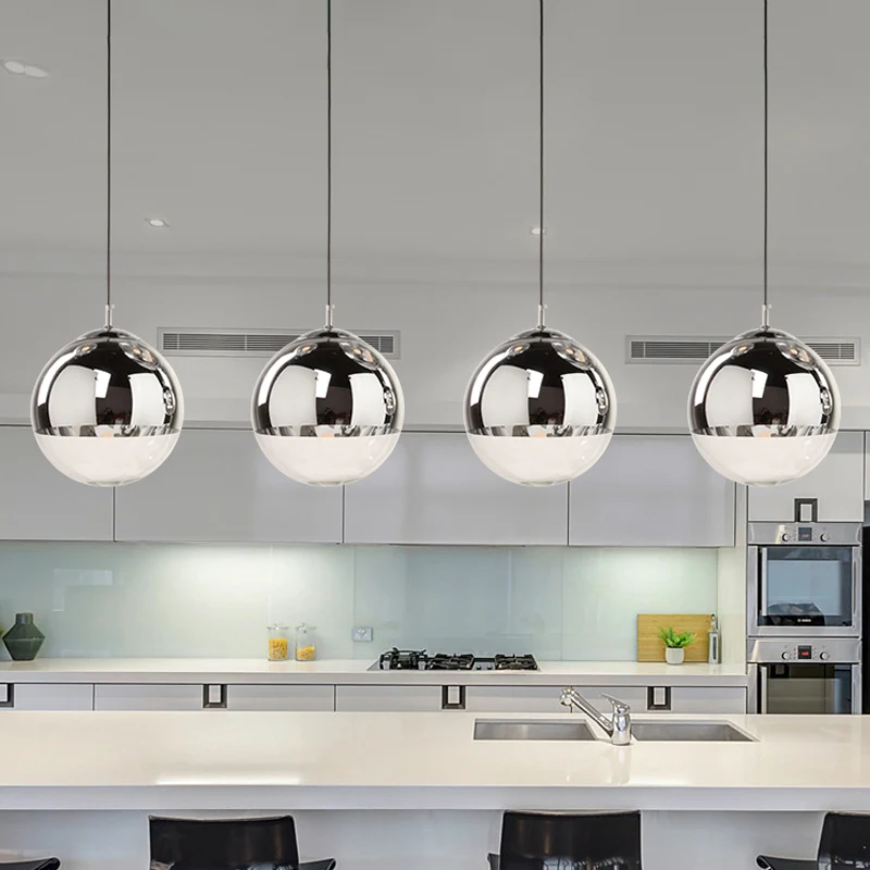 Professionele Kwaliteit Postmoderne bolvormige plafondhanger zilver gespiegeld glas 1-licht keuken dinette hangende verlic...