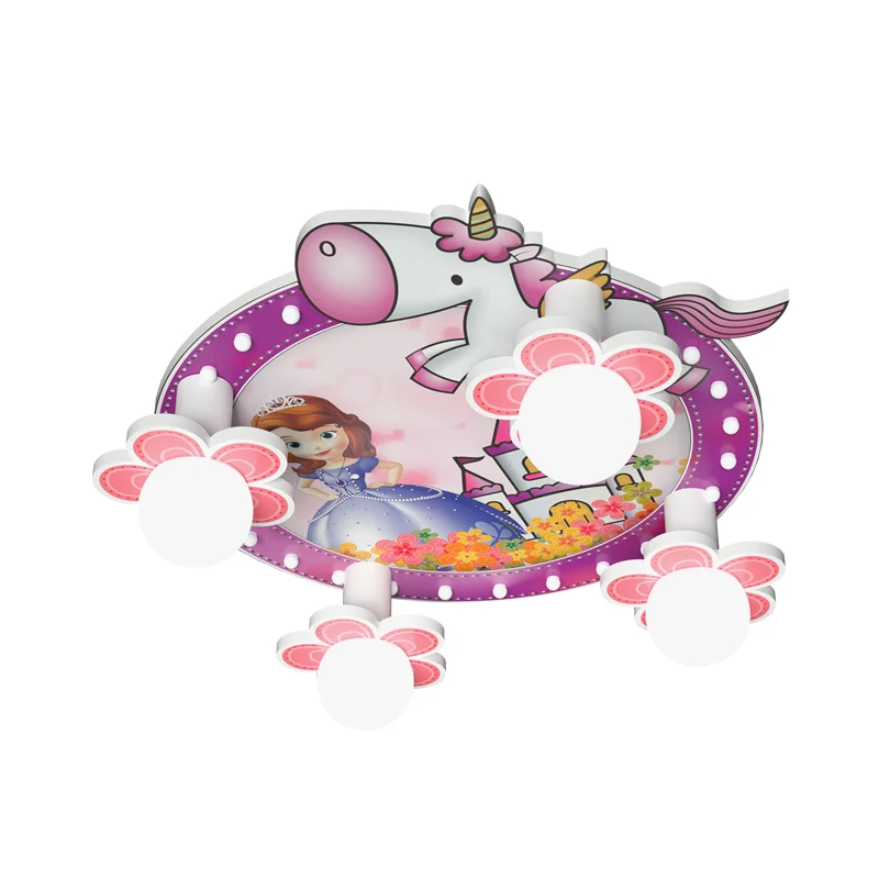 Paarse bloem inbouwlamp cartoon 4 lampen houten plafond vlak met prinses en eenhoornpatroon, 6,5"/23,5" H met Afstandsbedi...