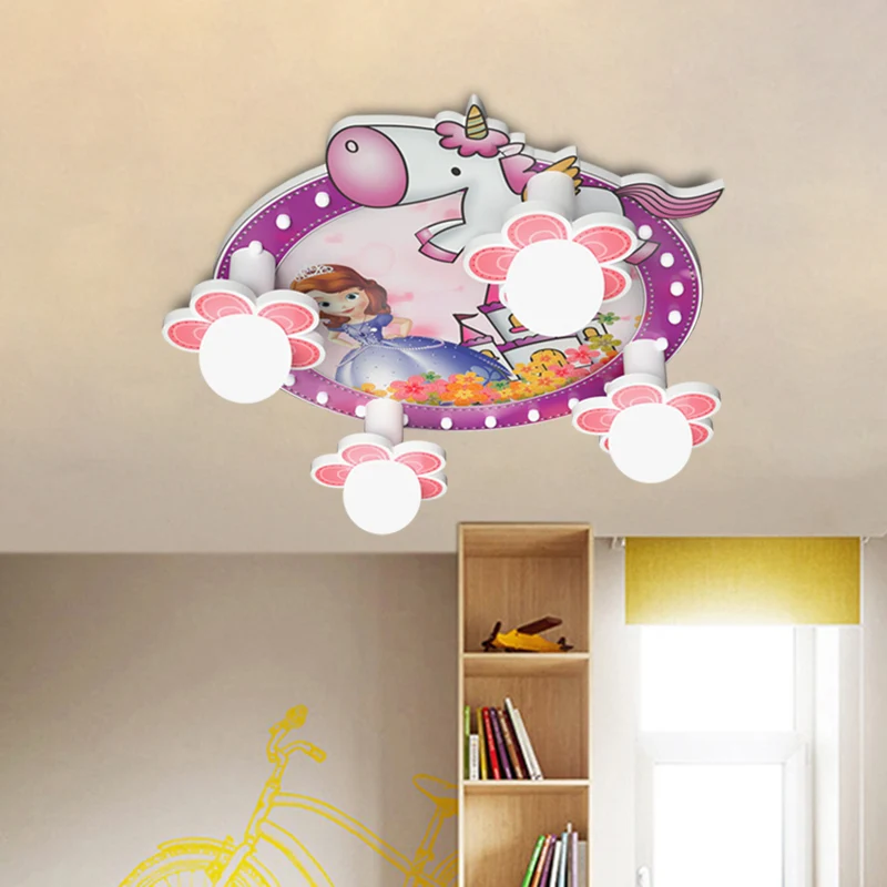 Paarse bloem inbouwlamp cartoon 4 lampen houten plafond vlak met prinses en eenhoornpatroon, 6,5"/23,5" H met Afstandsbedi...