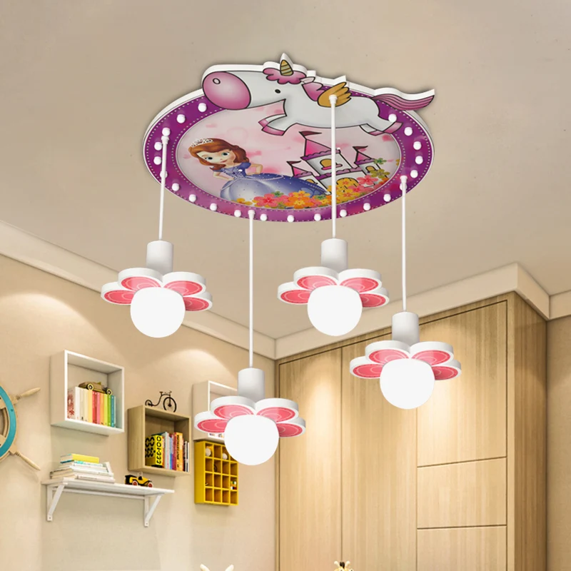 Paarse bloem inbouwlamp cartoon 4 lampen houten plafond vlak met prinses en eenhoornpatroon, 6,5"/23,5" H met Afstandsbedi...