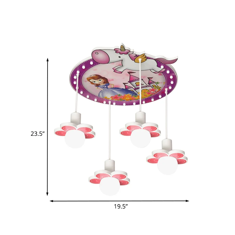 Paarse bloem inbouwlamp cartoon 4 lampen houten plafond vlak met prinses en eenhoornpatroon, 6,5"/23,5" H met Afstandsbedi...