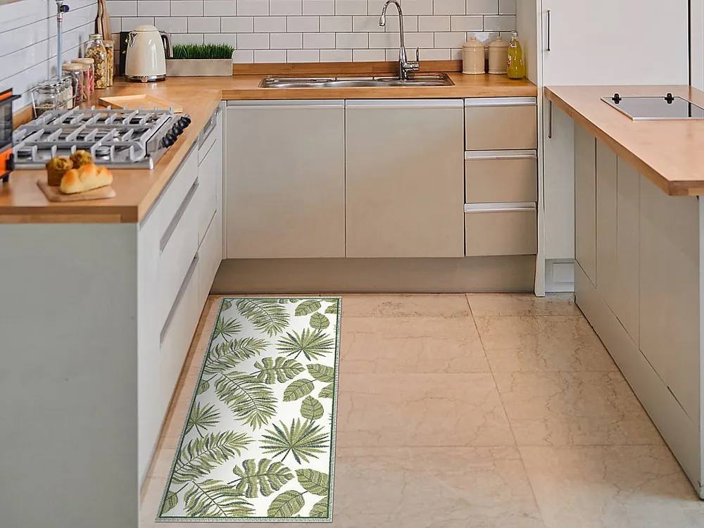 Gangtapijt van vinyl met tropisch motief - 66 x 160 cm - Groen en wit - TROPICALA
