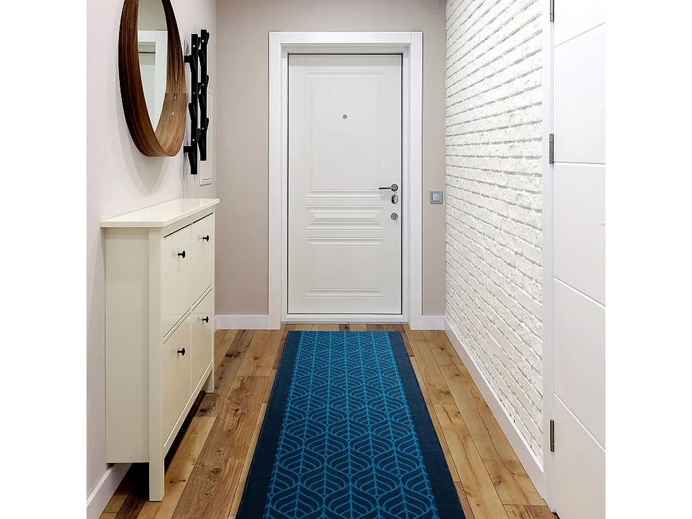 Loper antislip PIÓRA veren bladeren, gom marineblauw 80cm 80x300 cm