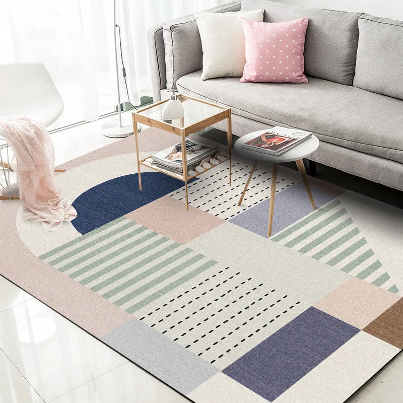 Roze veelkleurig casual tapijt polyesterstof gestreept gestippeld lijnenpatroon tapijt machinewasbaar antislip tapijt voor...