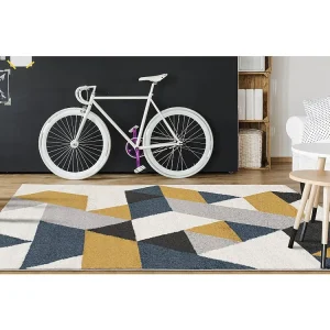 Tapijt geometrisch GEOMIE - Polypropyleen - 160 x 230 cm - Geel, grijs en blauw