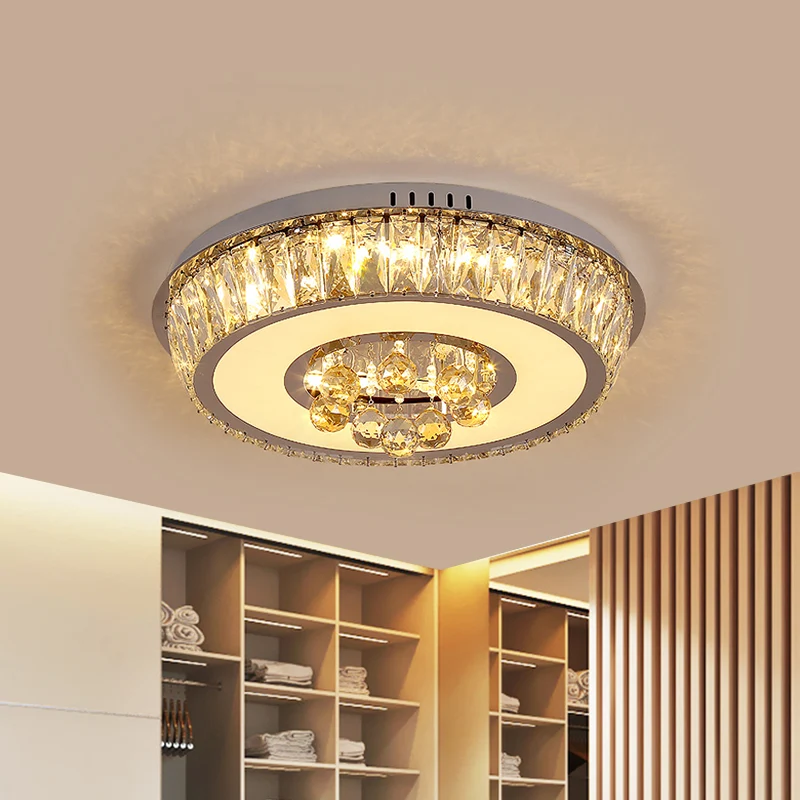Crystal Block Round Flush Lamp Simplicity LED Ceiling Mount Light Chroom Living Room | Snel Leverbaar Chrome