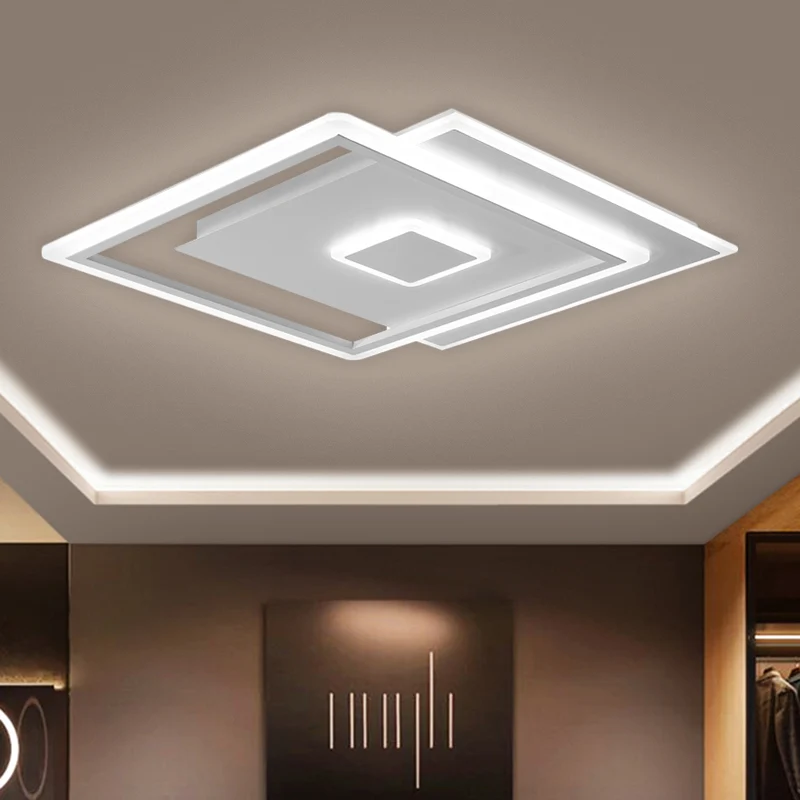 Noordse geïnterlinieerde vierkante plafondlamp schitterend glas LED slaapkamer inbouwarmatuur zwart/wit, 16,5"/20,5" breed...