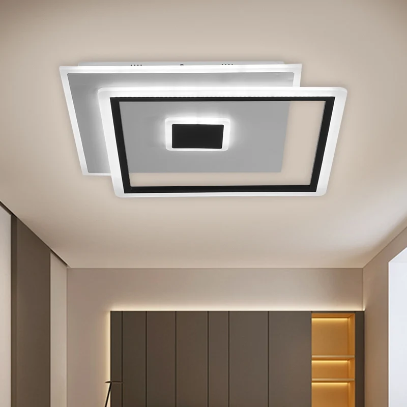 Noordse geïnterlinieerde vierkante plafondlamp schitterend glas LED slaapkamer inbouwarmatuur zwart/wit, 16,5"/20,5" breed...