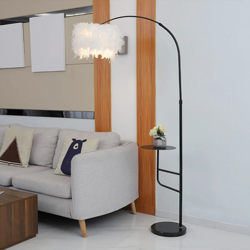 Postmoderne Drum Vloerlamp Veer Enkele Woonkamer Staande Helder met Tafel en Boogarm