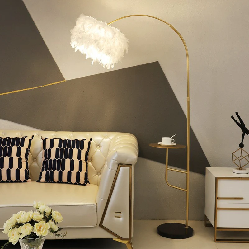 Postmoderne Drum Vloerlamp Veer Enkele Woonkamer Staande Helder met Tafel en Boogarm