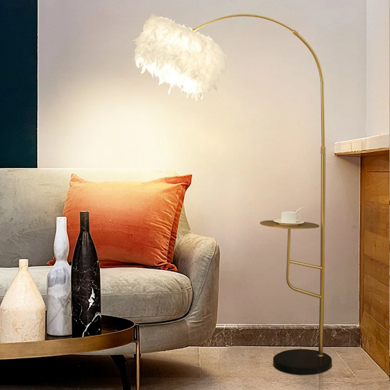 Postmoderne Drum Vloerlamp Veer Enkele Woonkamer Staande Helder met Tafel en Boogarm