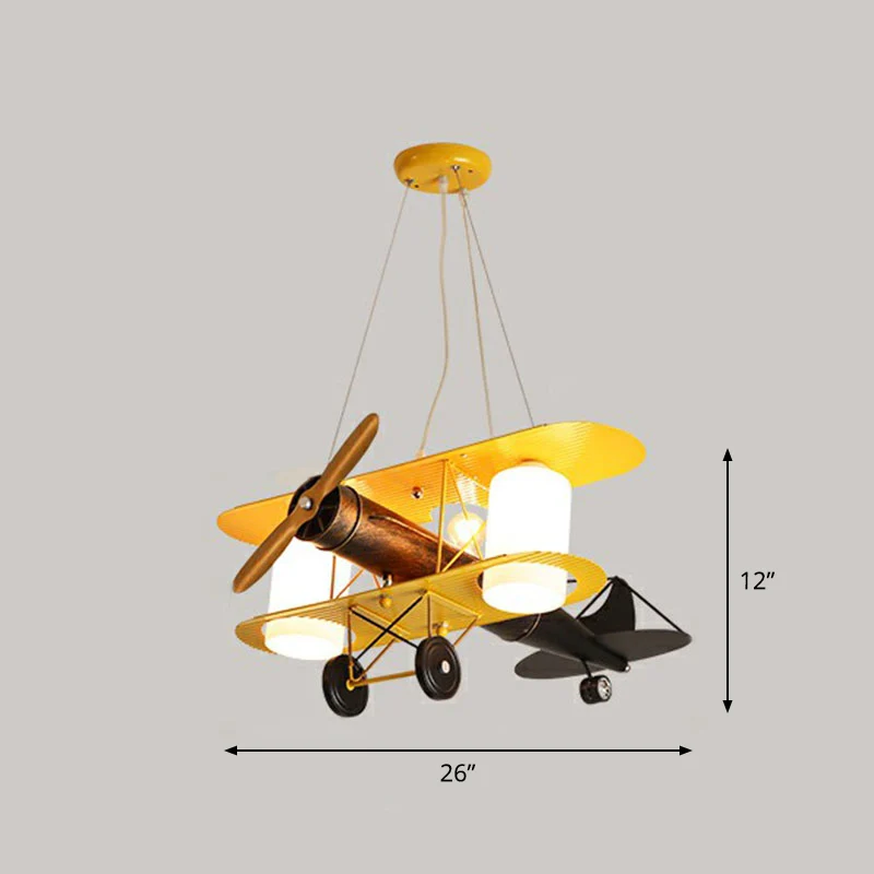 Premium Kwaliteit Vliegtuigkroonluchter hanglamp Cartoon metallic gele LED-plafondlamp met cilindervormige matglazen kap