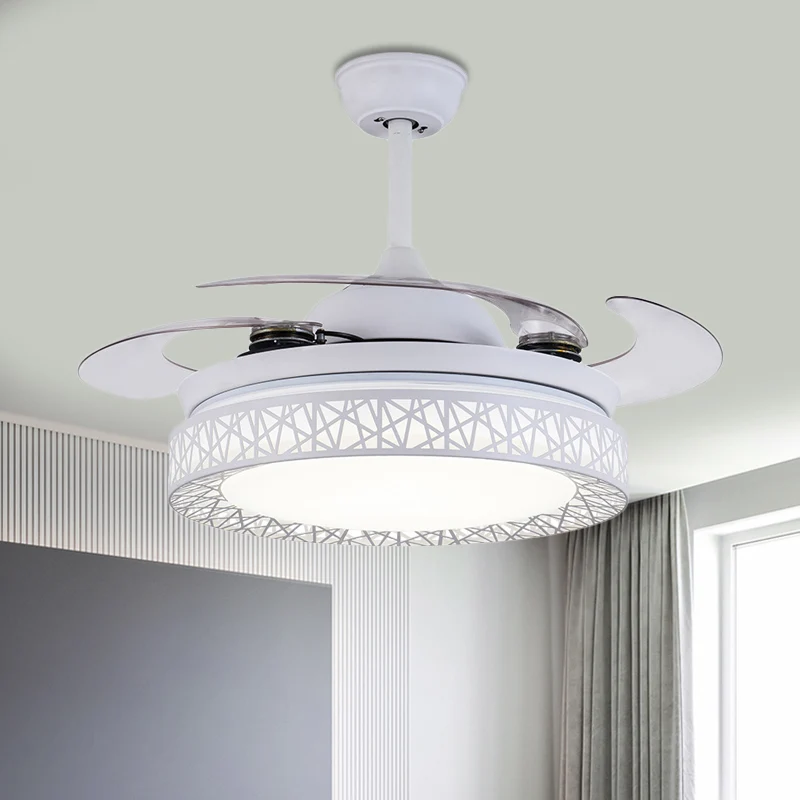 Ronde slaapkamerventilatorlamp eigentijds metaal LED 36" W wit semi-inbouw armatuur met 4 bladen, afstandsbediening/muurbe...