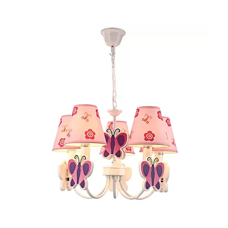 Roze kroonluchter voor meisjeskamer, verstelbare hanglamp met taps toelopende kunststof kap en moderne vlinderstijl - Incl...