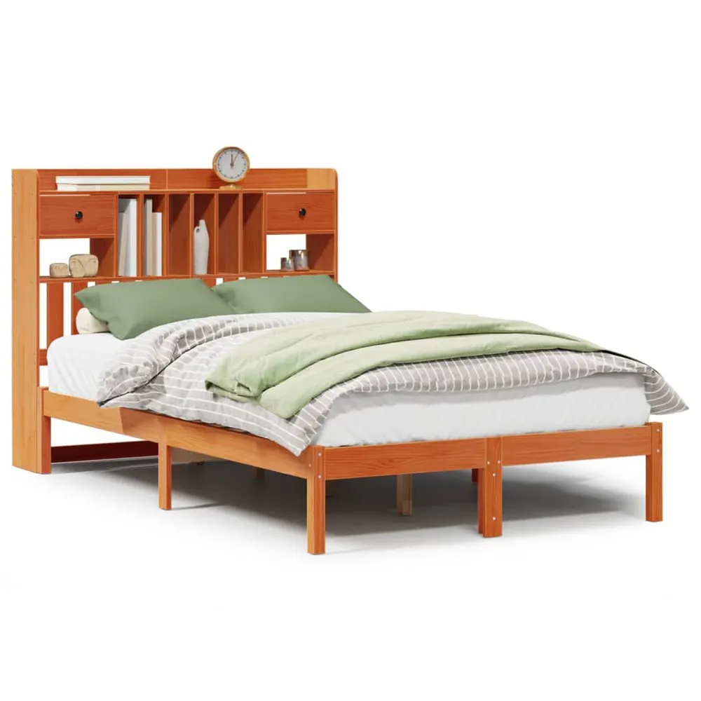 Bed met boekenkast zonder matras grenenhout wasbruin 120x190 cm