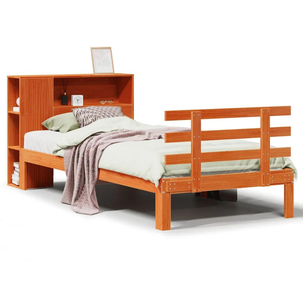 Bed met boekenkast zonder matras grenenhout wasbruin 75x190 cm