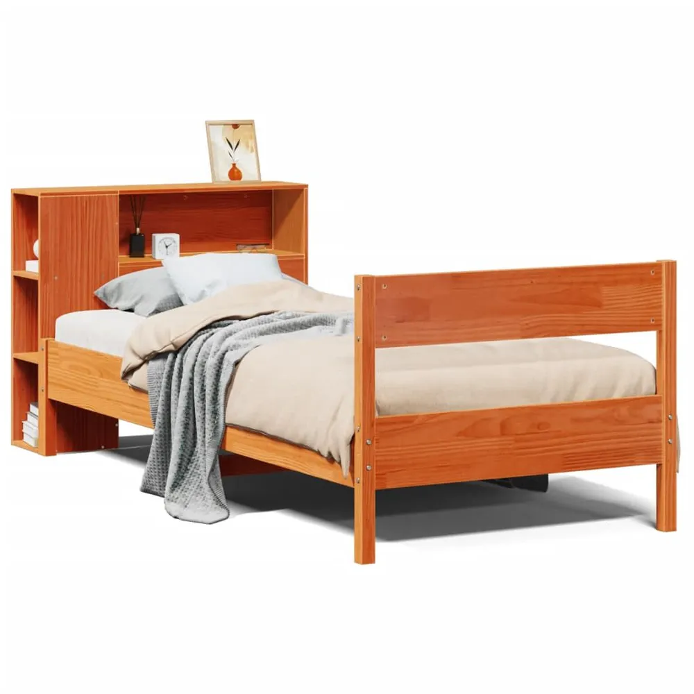 Bed met boekenkast zonder matras grenenhout wasbruin 75x190 cm