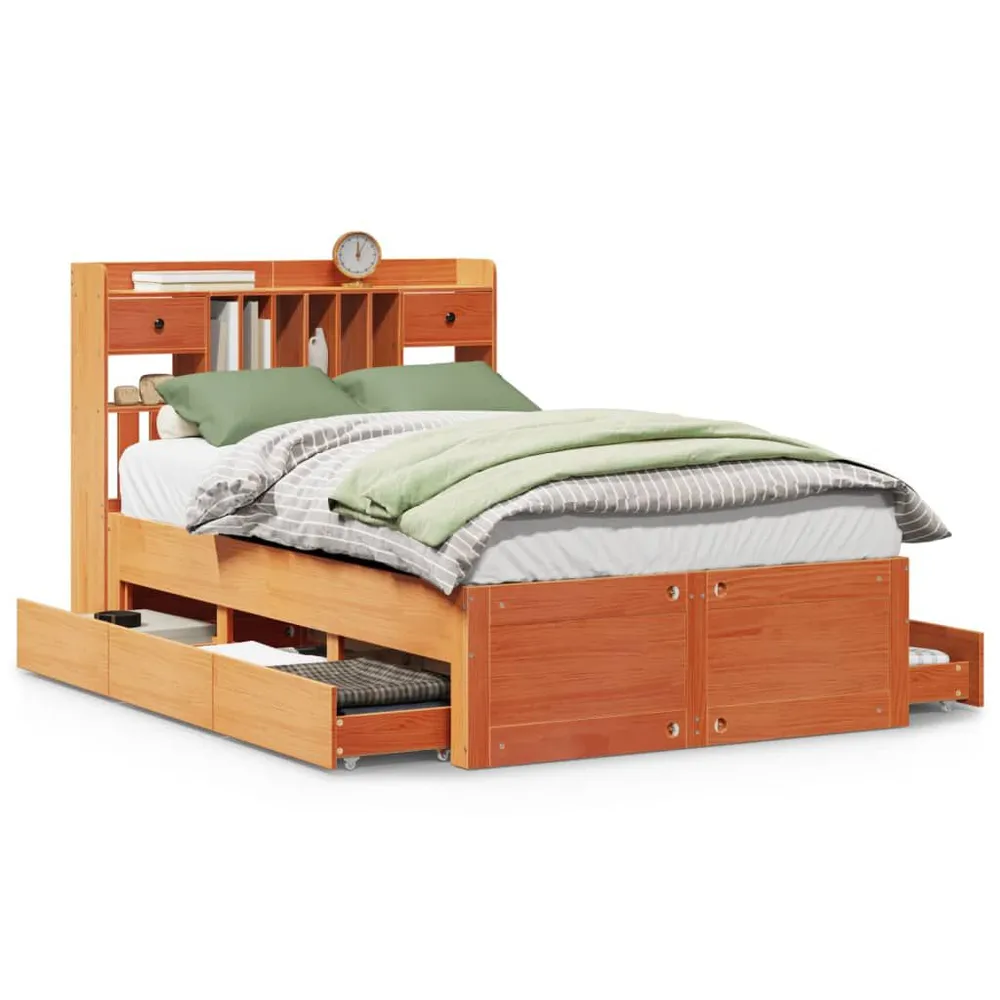 Bed met boekenkast zonder matras grenenhout wasbruin 120x190 cm