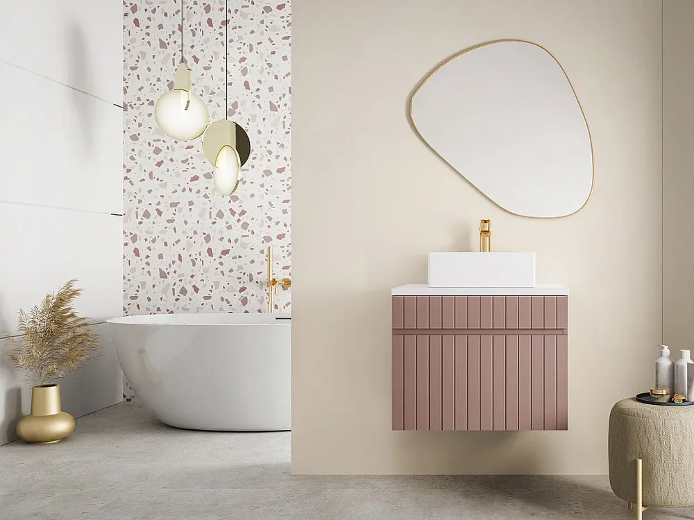 Roze gestreept hangmeubel voor badkamer met wastafel om erop te opstellen, 60 cm, SATARA