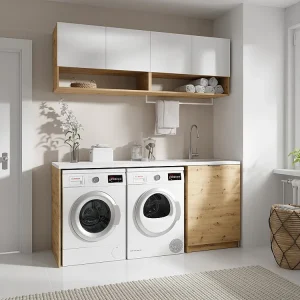 Set meubels voor wasmachine - L180 cm, wit en zwak naturel, NATAJI