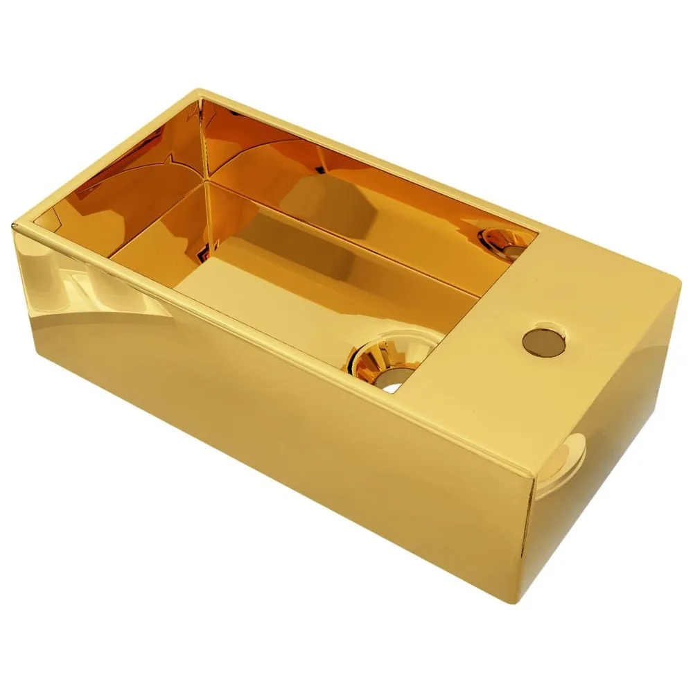 Wastafel met overloop 49x25x15 cm keramiek goudkleurig met Drukknopbediening