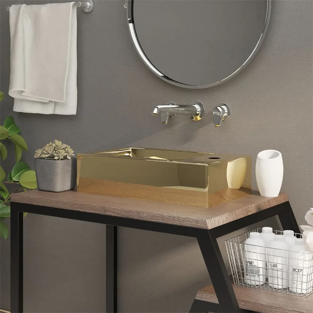 Wastafel met overloop 49x25x15 cm keramiek goudkleurig met Drukknopbediening