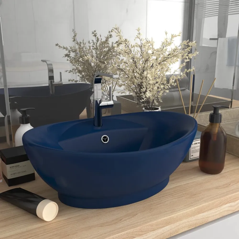 Wastafel met overloop ovaal 58,5x39 cm keramiek mat donkerblauw CE Gecertificeerd | Drukbestendig