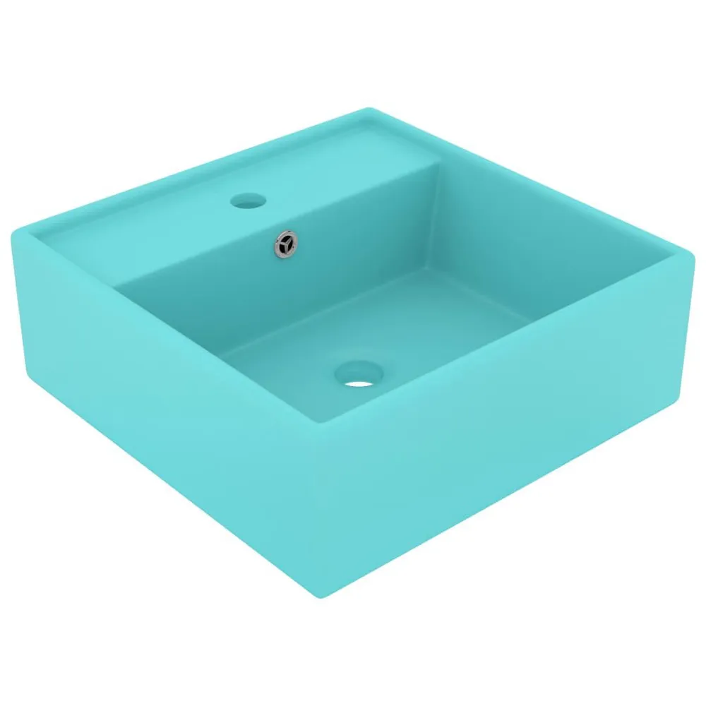 Wastafel met overloop vierkant 41x41 cm keramiek mat lichtgroen voor Gezinnen | Kindveilig