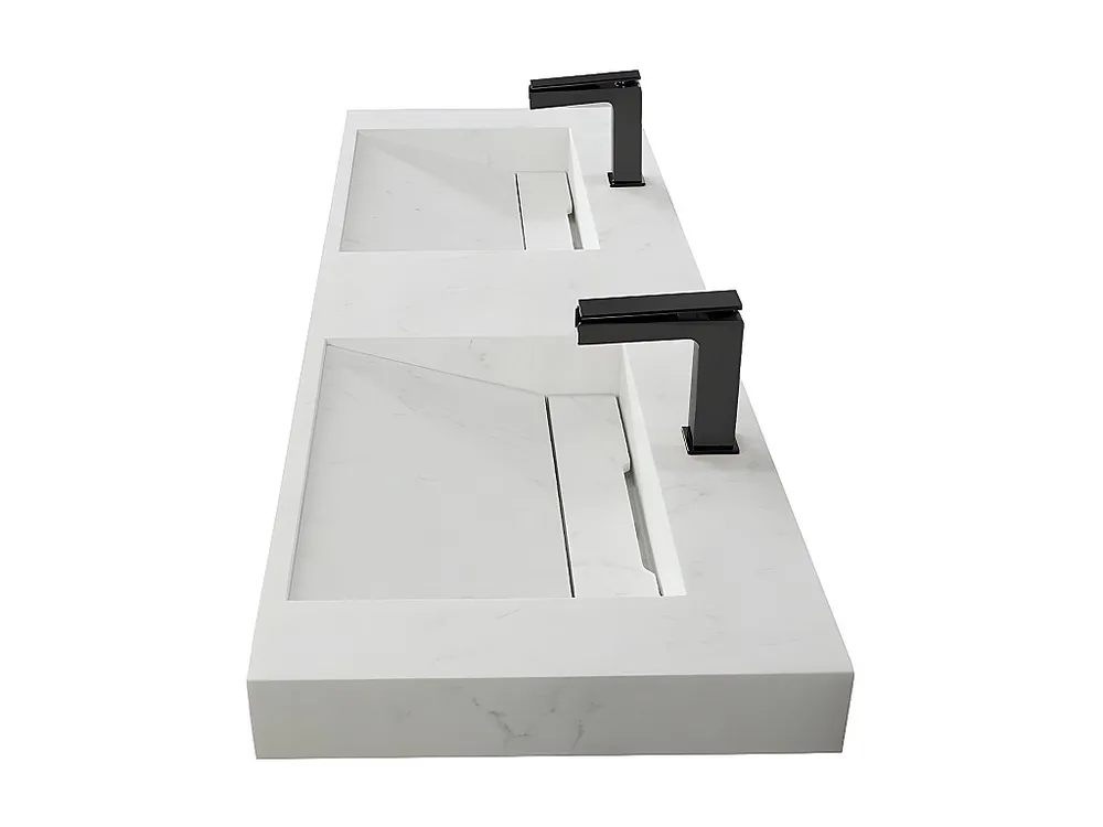 Waterbesparend Hangende wastafel wit marmer effect KODIAK - L.140.2 x B.45.2 x H.8 cm