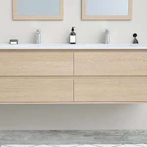 Waterbesparende Badkamermeubel met inbouwwastafel en spiegels, eikenfineer, 150 cm, MILIPAM