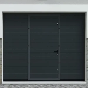 Automatische sectionale garagedeur - Gegroefd effect - Centrale loopdeur - Antraciet - NORIA