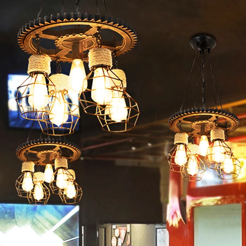 Zwarte wagenwiel kroonluchterlamp industrieel metaal 5/7-licht woonkamer hanglamp voor Feesten en Evenementen